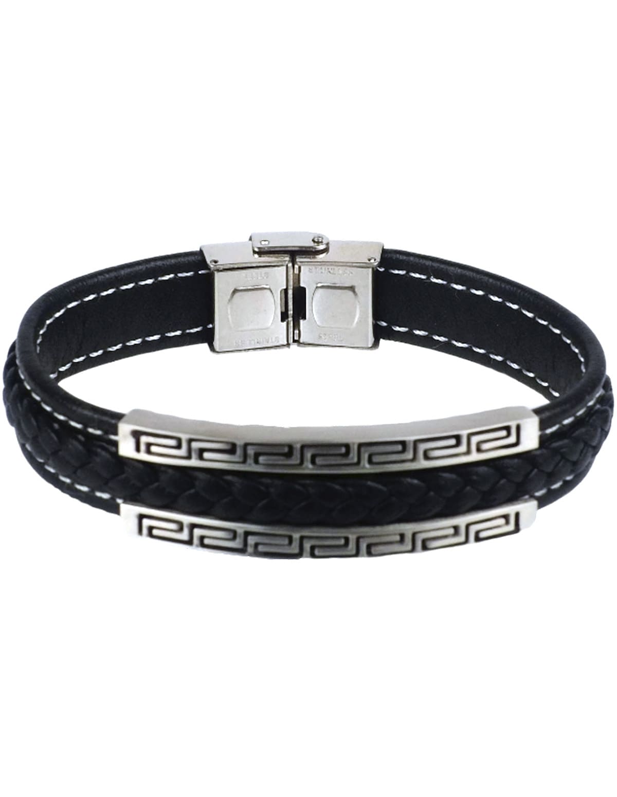Men’s Black Leather Bracelet with Greek Key Accents – Timeless Strength & Style