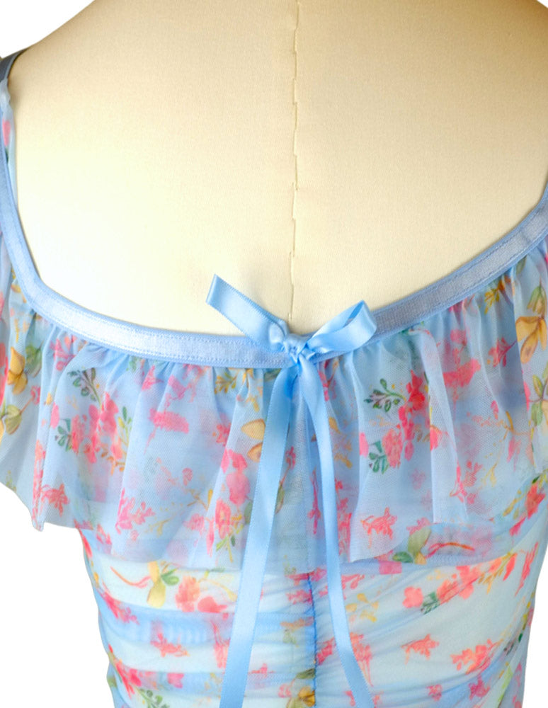 Azure Blossom Ruched Mesh Mini Dress + Thong Set