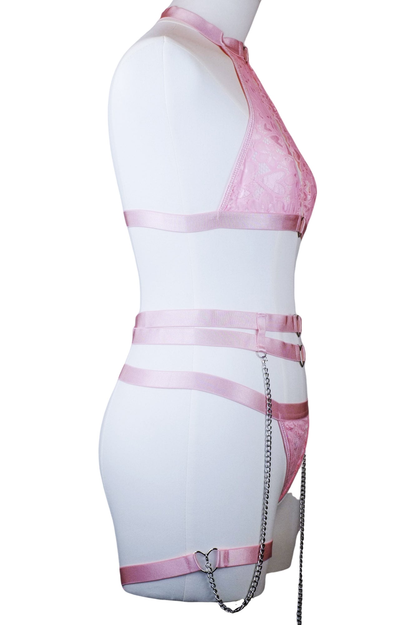 Pink Rosy Rapture Heart‑Chain Lingerie Harness Garter Set + Thong