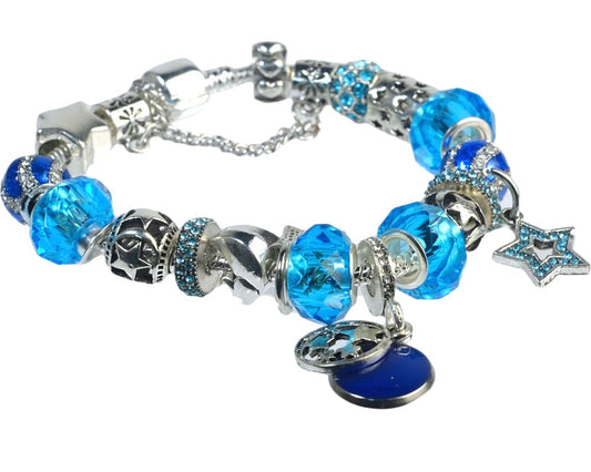 Elegant Blue Charm Bracelet with Silver Accents and Star Charms