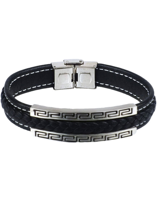 Men’s Black Leather Bracelet with Greek Key Accents – Timeless Strength & Style