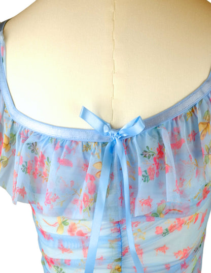 Azure Blossom Ruched Mesh Mini Dress + Thong Set