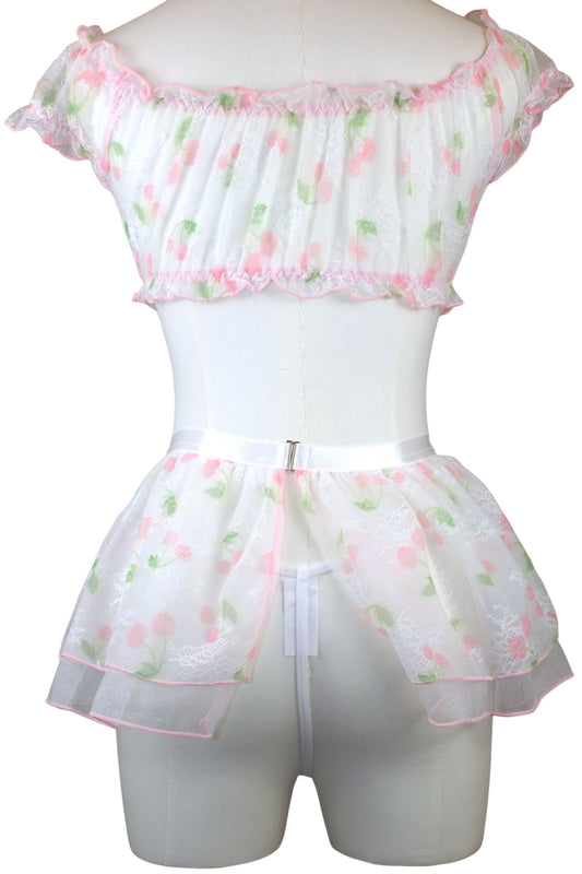 Cherry Pop Off-Shoulder Mesh Babydoll + Thong Set