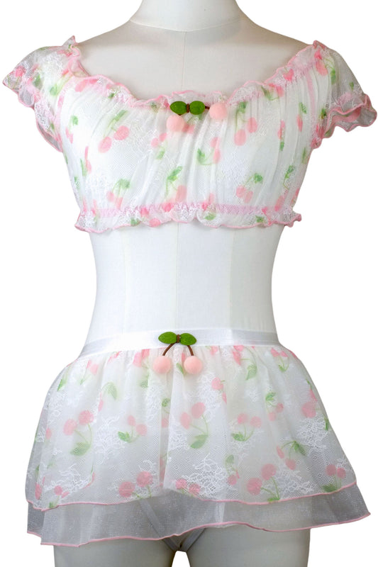 Cherry Pop Off-Shoulder Mesh Babydoll + Thong Set