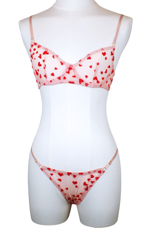 Valentine’s Vow Pink Heart Mesh Bra & Thong Set