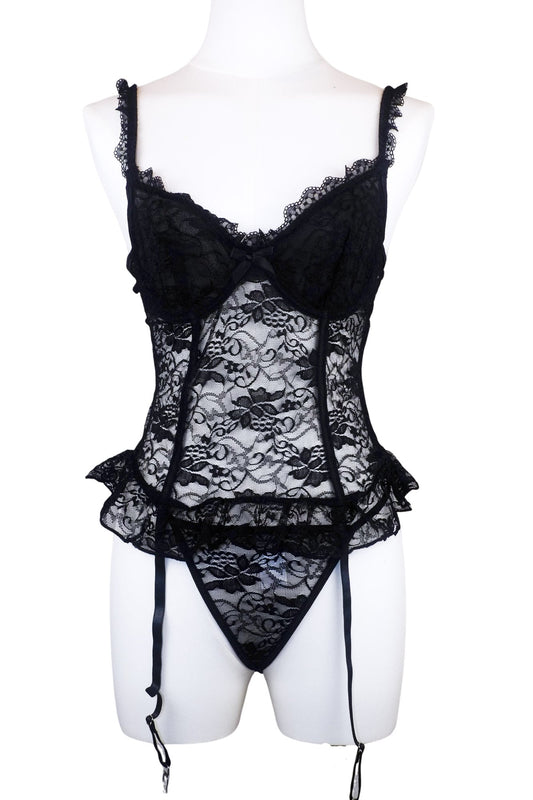 Noir Allure Lace Bustier Set with Thong & Garter for Leggings