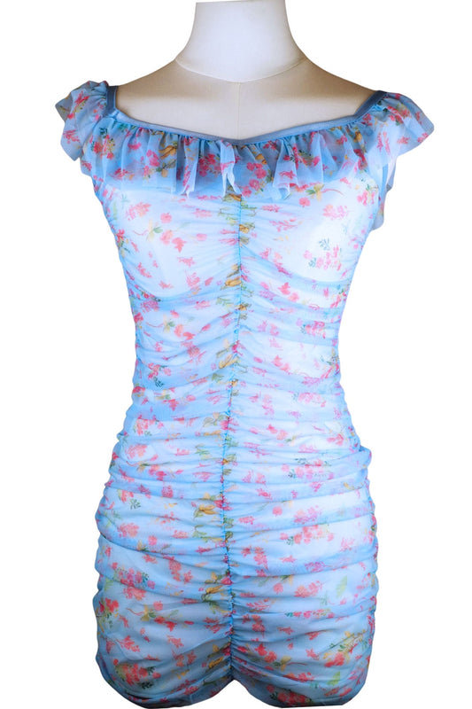 Azure Blossom Ruched Mesh Mini Dress + Thong Set