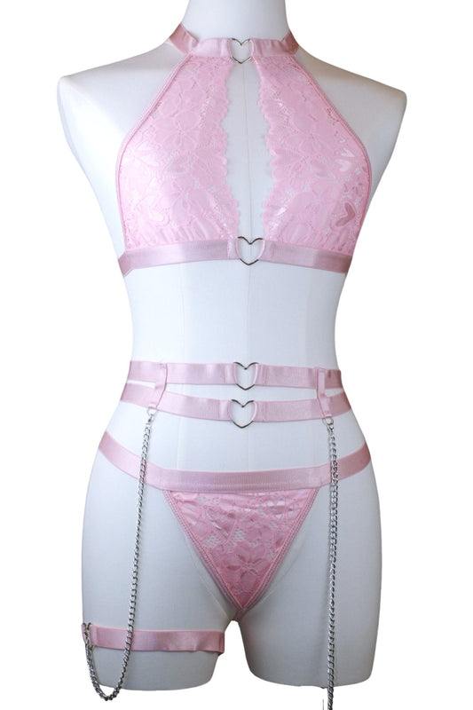 Pink Rosy Rapture Heart‑Chain Lingerie Harness Garter Set + Thong