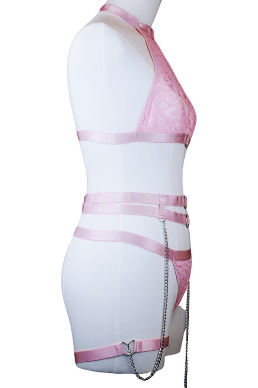 Pink Rosy Rapture Heart‑Chain Lingerie Harness Garter Set + Thong