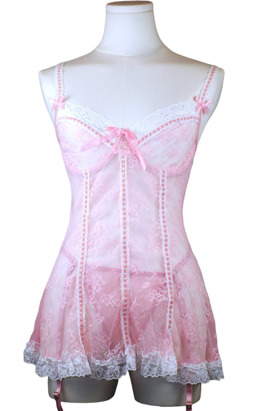 Cotton Candy Dreams Pink Lace Babydoll + Thong Set