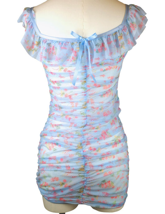 Azure Blossom Ruched Mesh Mini Dress + Thong Set