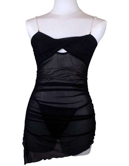 Midnight Mirage Asymmetrical Mesh Dress with Thong