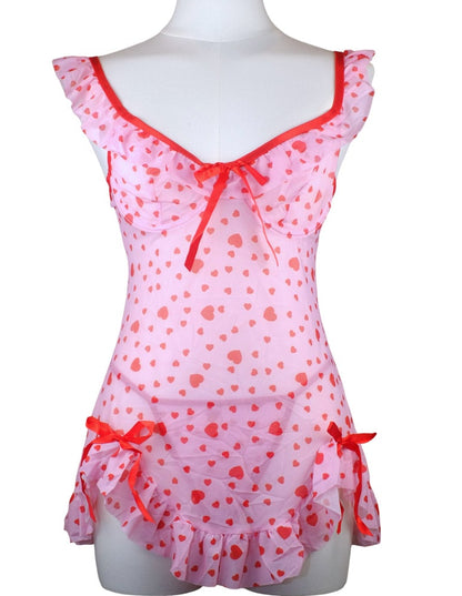 Sweetheart Serenade Pink Heart Mesh Mini Dress + Thong