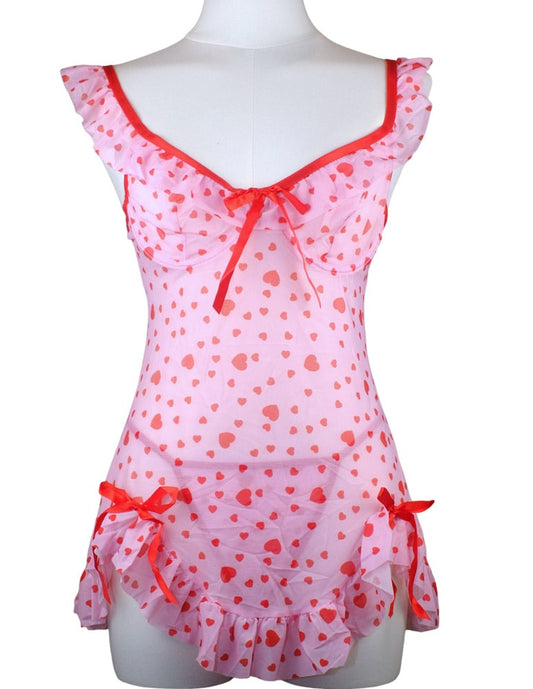 Sweetheart Serenade Pink Heart Mesh Mini Dress + Thong