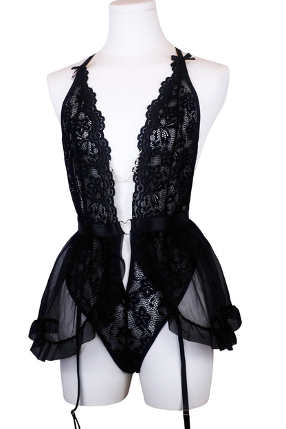 Midnight Enchantress Lace Bodysuit Garter Straps