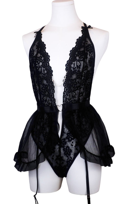 Midnight Enchantress Lace Bodysuit Garter Straps