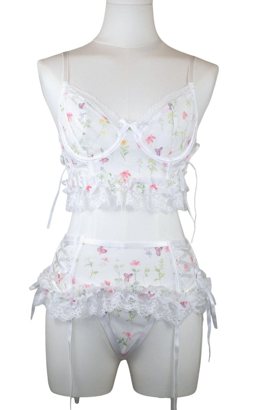Enchanted Meadow Floral Lace Bustier Set with Thong