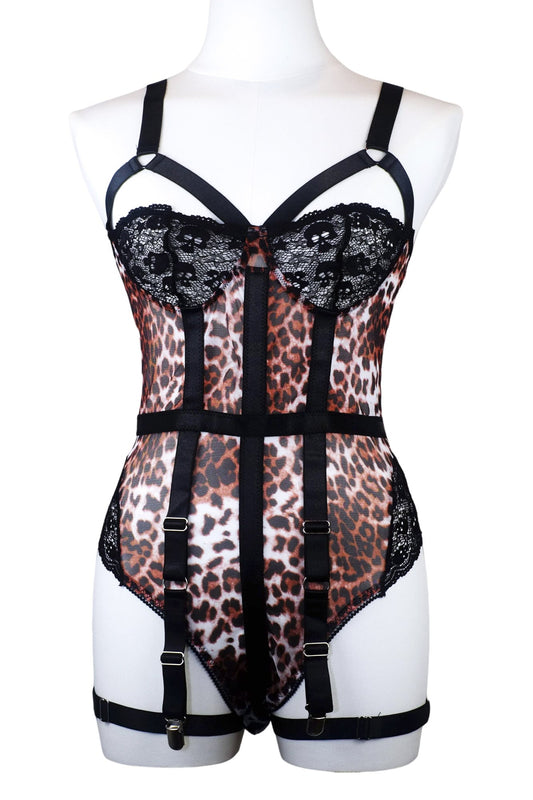 Wild Catwalk Leopard Lace Bodysuit with Strappy Garter Details