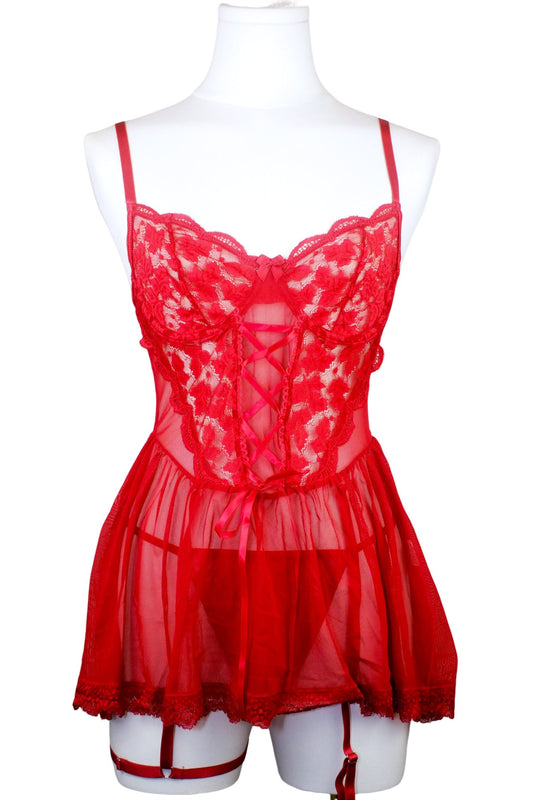 Scarlet Siren Lace Babydoll Set with Thong & Garter Straps